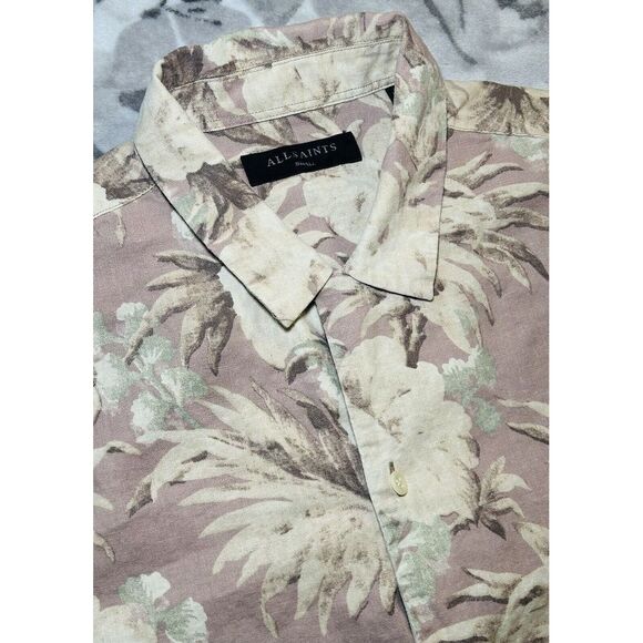 AllSaints Men's Small Short Sleeve Floral Linen Blend Button Up Laysan Shirt - Picture 4 of 11